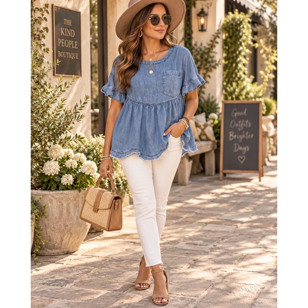 We The Free People Denim Babydoll Top Medium Wash Blue Ruffle Short Sleeve M